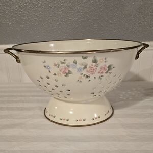 Collander with Floral Accents - White Enamel with Gold Trim
